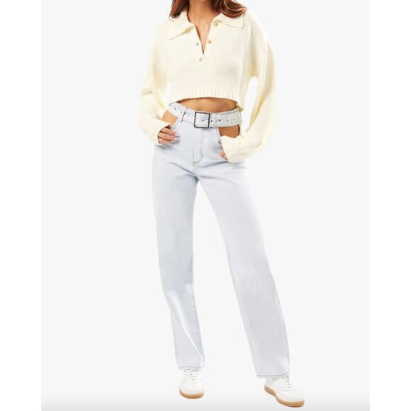 WeWoreWhat Cut Out Straight Leg Indigo Denim Jean High Waist Belted Grunge US 26 - Picture 6 of 16